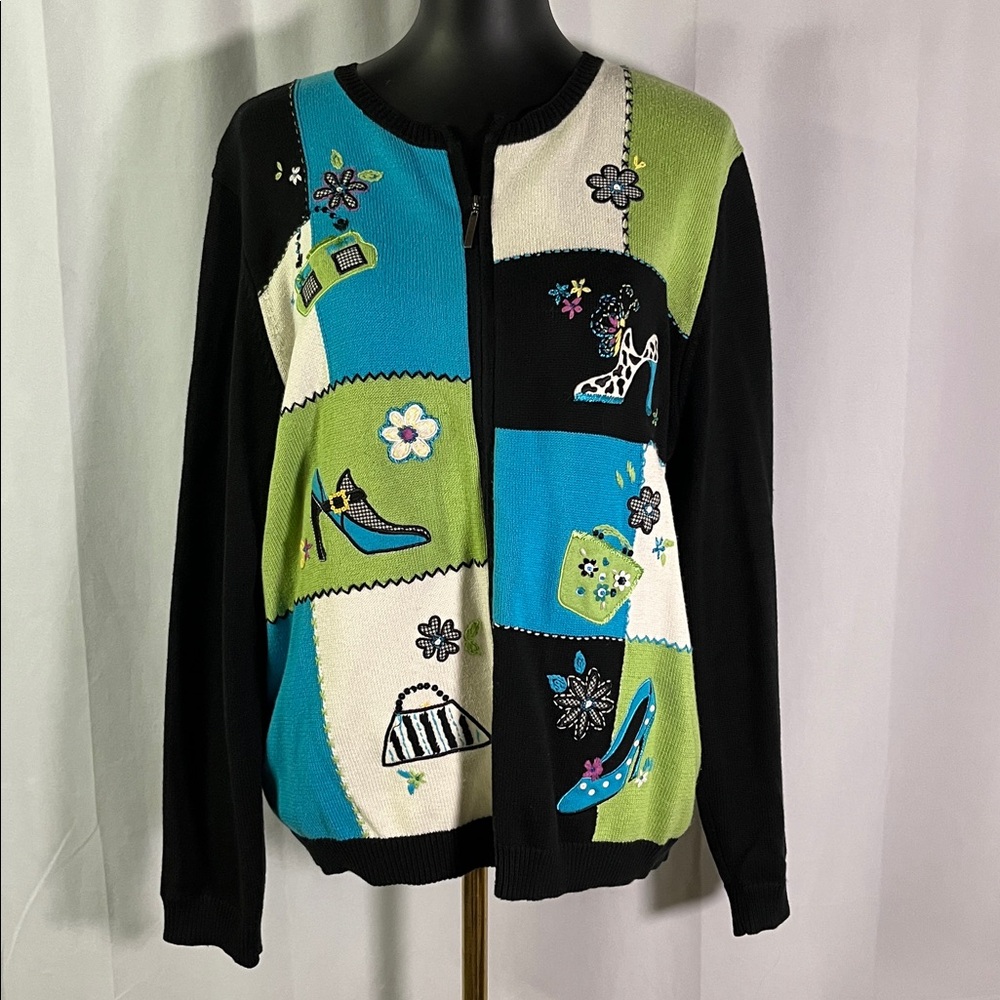 Vintage 90s Alfred Dunner Patchwork Shoe & Purse Appliqué Zip Front Cardigan